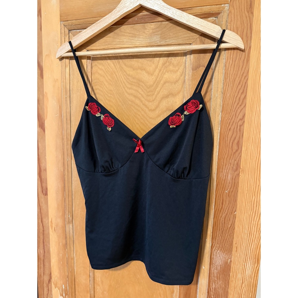 Avon Intimates Vintage Y2K Black Cami Top Rose Floral Embroidery Small